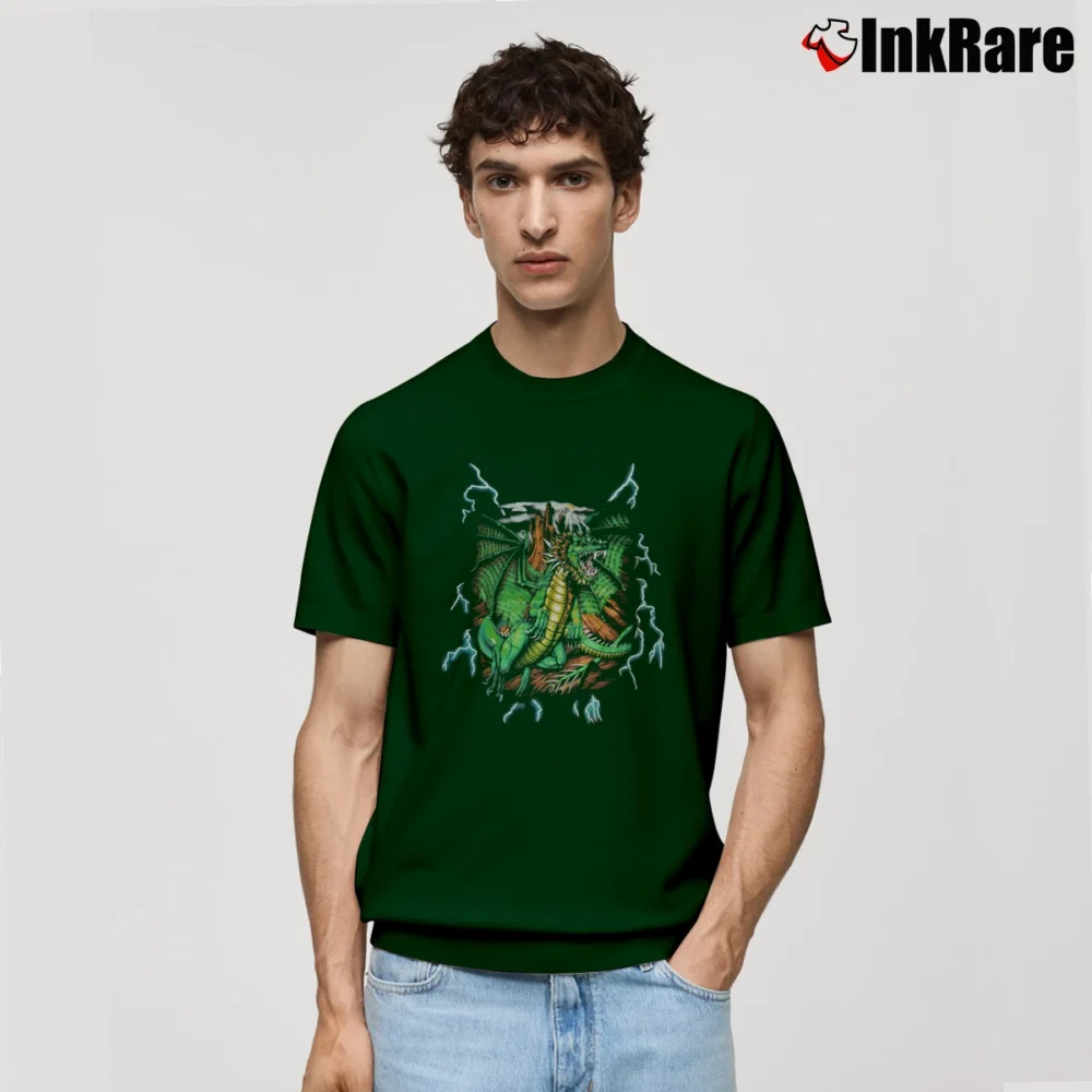 Men’s 1990s American Thunder Lightning Dragon Streetwear Classic T-Shirt in forest green | Soft, Breathable Everyday Wear