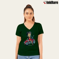 Women’s 1990s Betty Boop Motorcycle Biker V-Neck Tee in forest green | Chic Neckline, Soft Texture