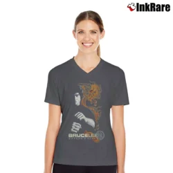 Women’s 1990s Bruce Lee Dragon Shadow Martial Arts V-Neck Tee in charcoal | Chic Neckline, Soft Texture