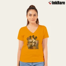 Women’s 1990s California Mickey Minnie Mouse V-Neck Tee in orange | Chic Neckline, Soft Texture