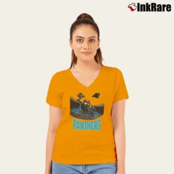 Women’s 1990s Carolina Panthers Tasmanian Devil Looney Tunes V-Neck Tee in orange | Chic Neckline, Soft Texture