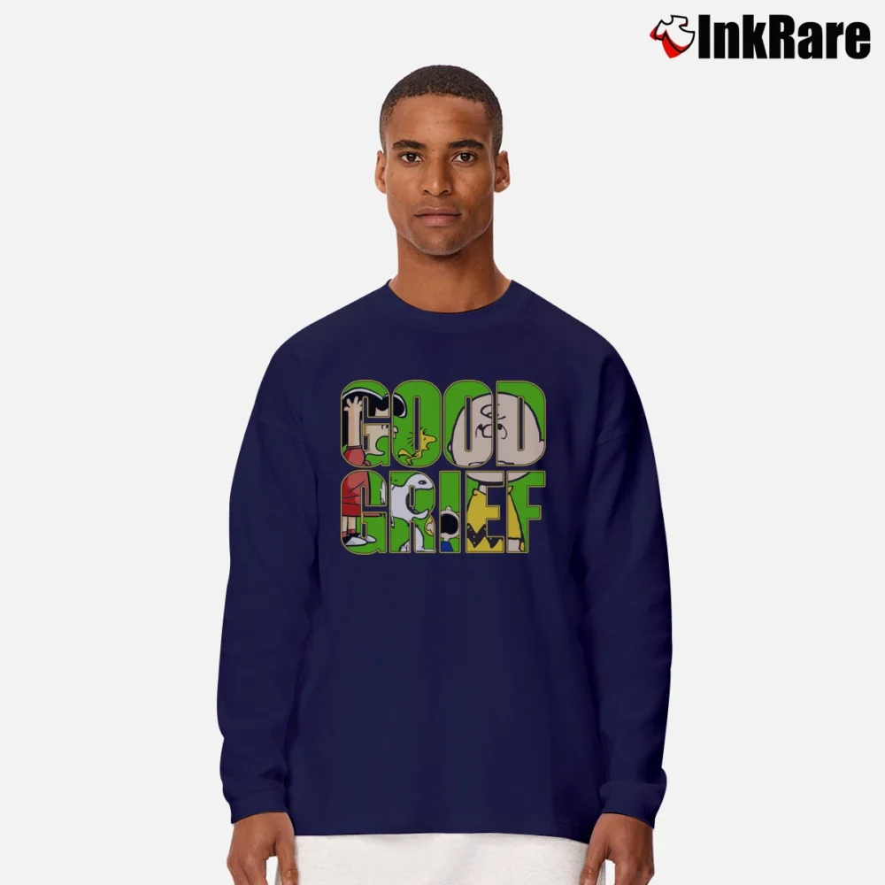 Men’s 1990s Charlie Brown Snoopy Good Grief Long-Sleeve Shirt in navy | Sleek, Lightweight, Year-Round Wear