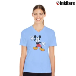 Women’s 1990s Disney Big Logo Mickey Mouse V-Neck Tee in light blue | Chic Neckline, Soft Texture