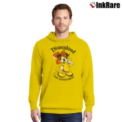 Men’s 1990s Disneyland Fire Department Mickey Mouse Vintage Pullover Hoodie in yellow | Cozy, Durable, Modern Fit