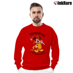 Men’s 1990s Disneyland Fire Department Mickey Mouse Vintage Crewneck Sweatshirt in red | Cozy Fabric, Clean Style