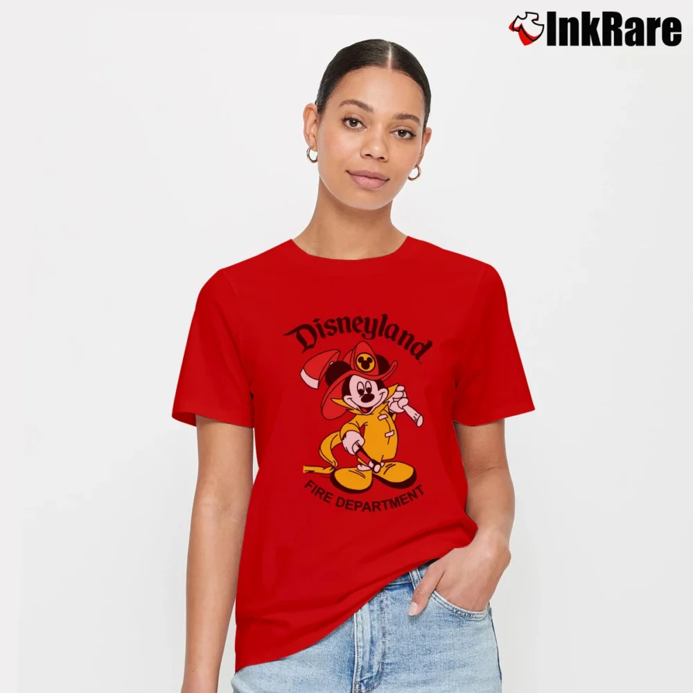 Women’s 1990s Disneyland Fire Department Mickey Mouse Vintage Signature T-Shirt in red | Soft, Flattering Fit