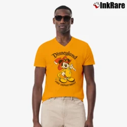 Men’s 1990s Disneyland Fire Department Mickey Mouse Vintage V-Neck Tee in orange | Sharp, Breathable, Everyday Staple