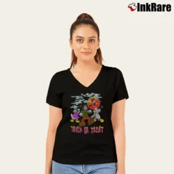 Women’s 1990s Halloween Mickey Mouse Disney Trick Or Treat V-Neck Tee in black | Chic Neckline, Soft Texture