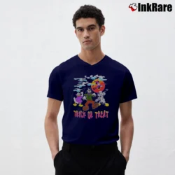 Men’s 1990s Halloween Mickey Mouse Disney Trick Or Treat V-Neck Tee in navy | Sharp, Breathable, Everyday Staple