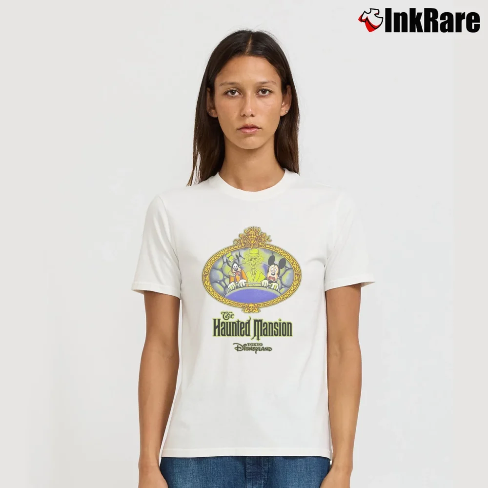 Women’s 1990s Haunted Mansion Tokyo Disneyland Mickey Goofy Signature T-Shirt in white | Soft, Flattering Fit