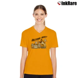 Women’s 1990s Hollywood Mickey Mouse Cartoon Streetwear V-Neck Tee in orange | Chic Neckline, Soft Texture