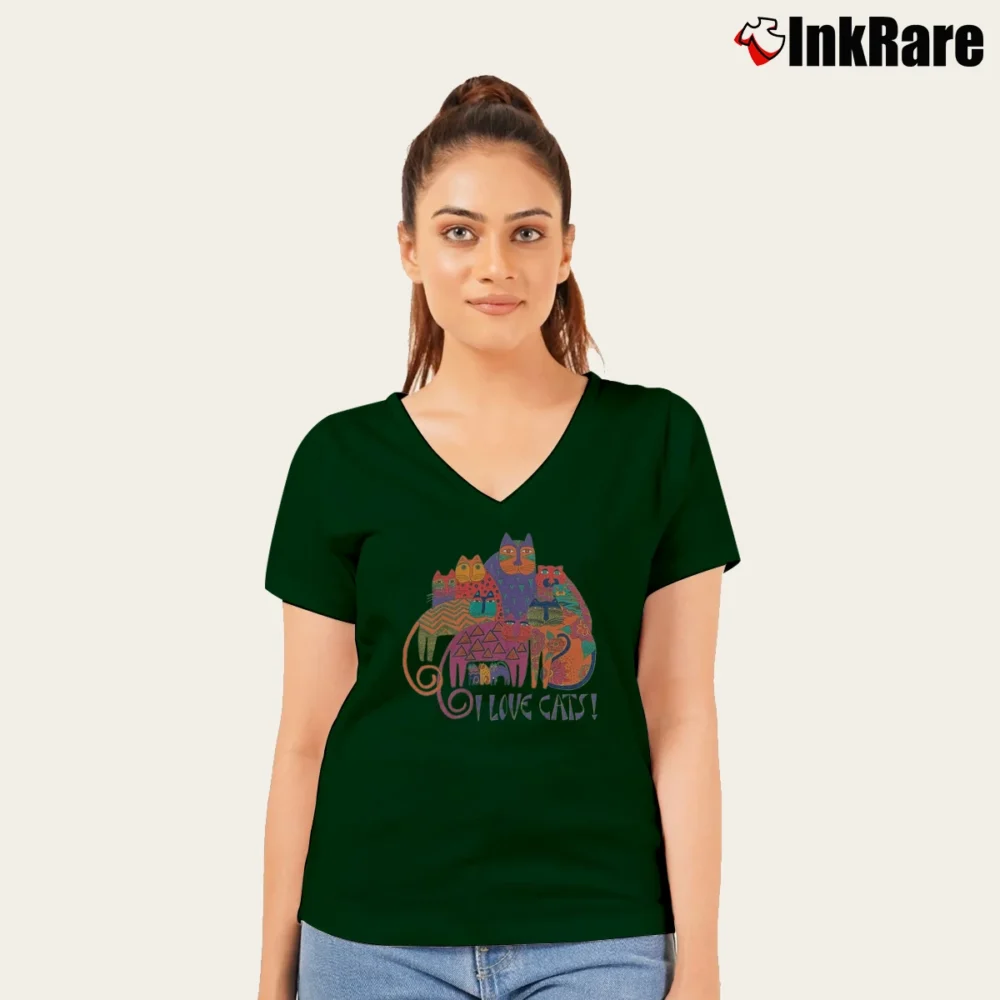 Women’s 1990s Laurel Burch I Love Cats Grandmacore V-Neck Tee in forest green | Chic Neckline, Soft Texture