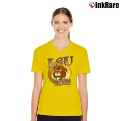 Women’s 1990s LSU Tigers College Team Graphic V-Neck Tee in yellow | Chic Neckline, Soft Texture