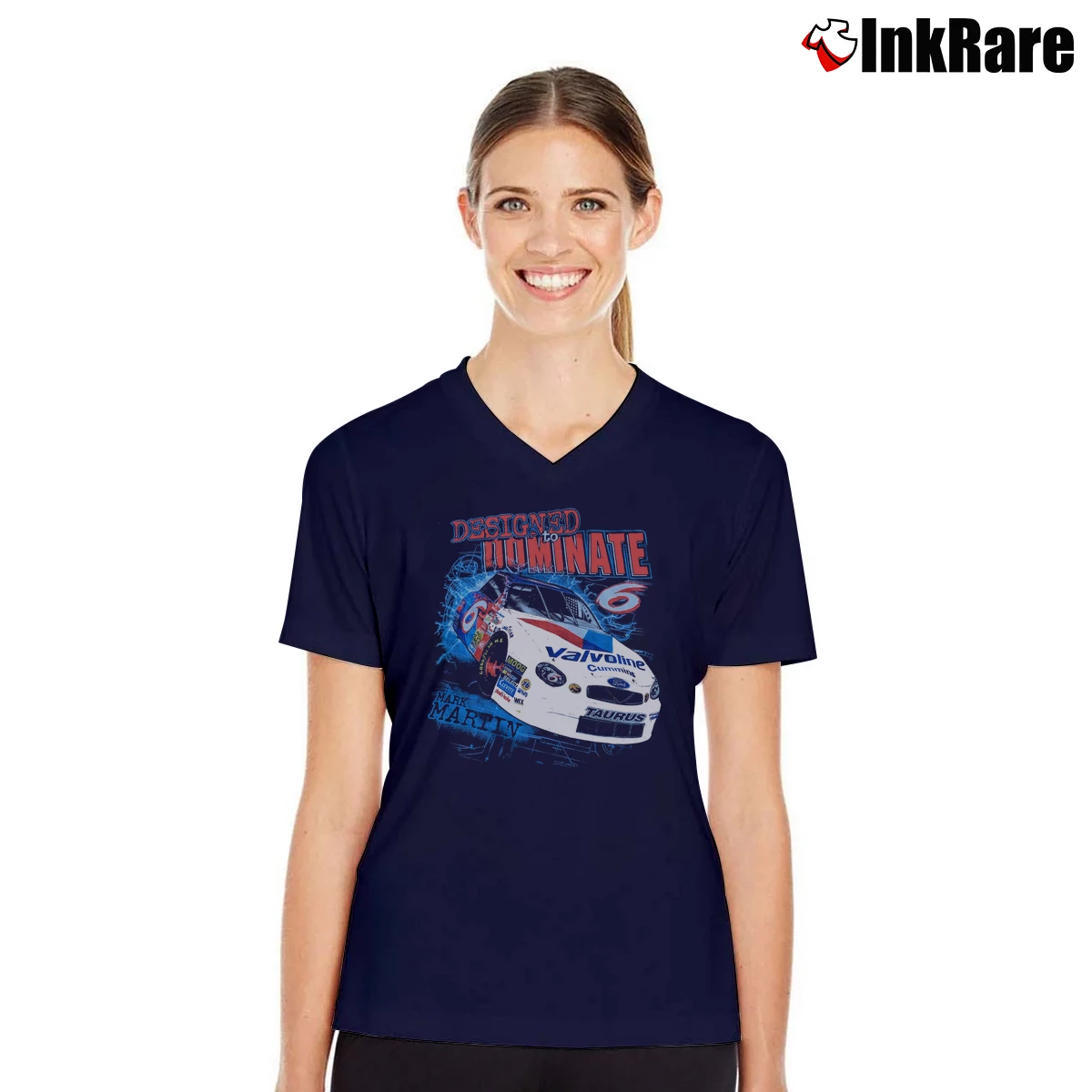 1990s Mark Martin Nascar Racing Valvoline Number 6 Ford Women’s V-Neck Tee in navy – Flattering Fit Women’s 1990s Mark Martin Nascar Racing Valvoline Number 6 Ford V-Neck Tee in navy | Chic Neckline, Soft Texture
