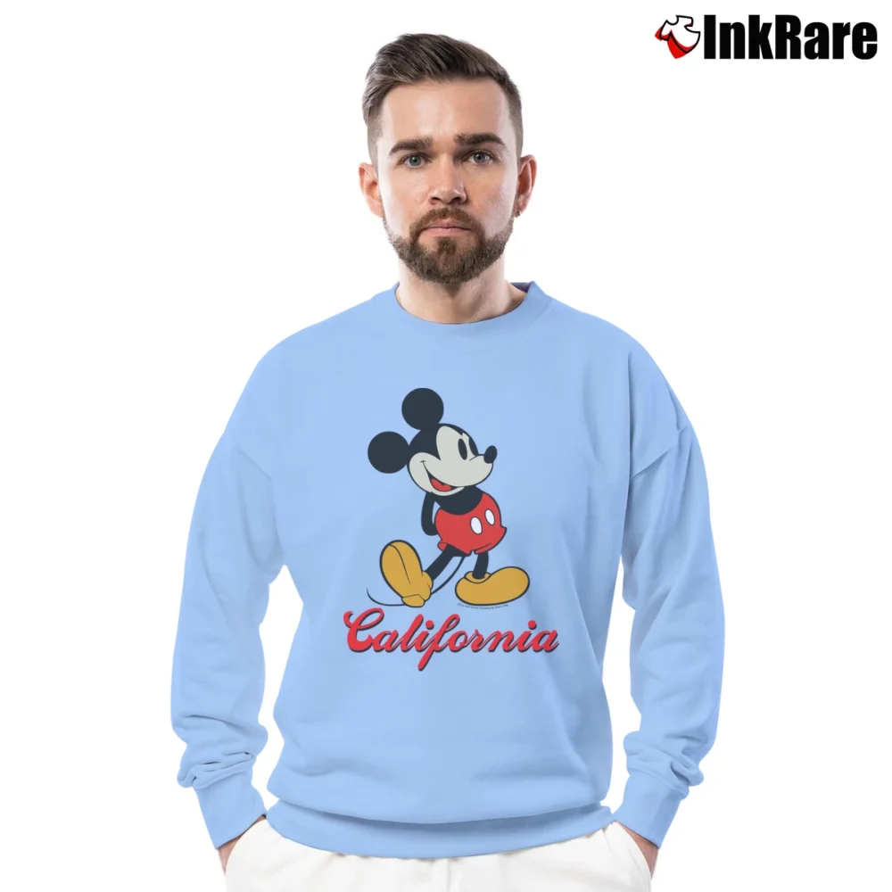 Men’s 1990s Mickey Mouse California Crewneck Sweatshirt in light blue | Cozy Fabric, Clean Style