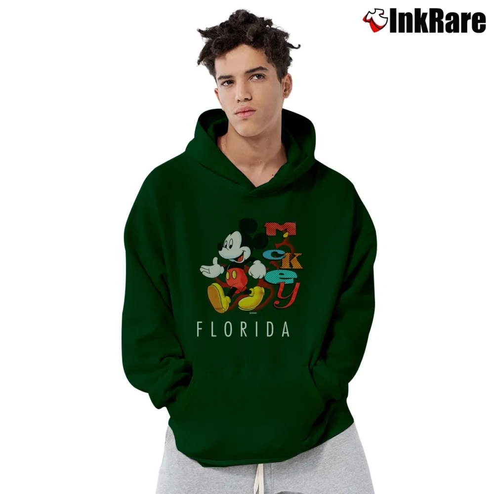 Men’s 1990s Mickey Mouse Florida Disney Travel Graphic Pullover Hoodie in forest green | Cozy, Durable, Modern Fit