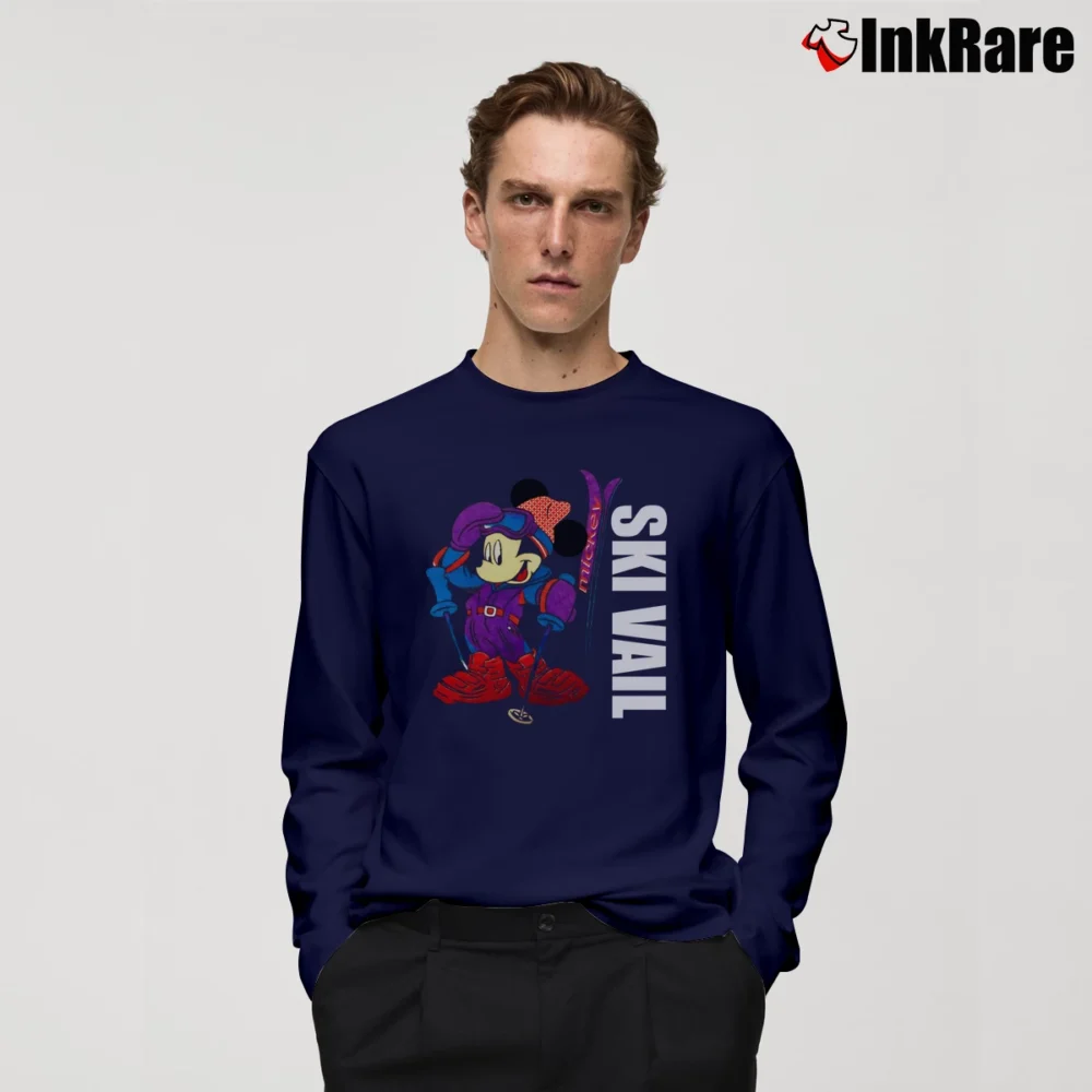 Men’s 1990s Mickey Mouse Skiing Vail Cartoon Long-Sleeve Shirt in navy | Sleek, Lightweight, Year-Round Wear