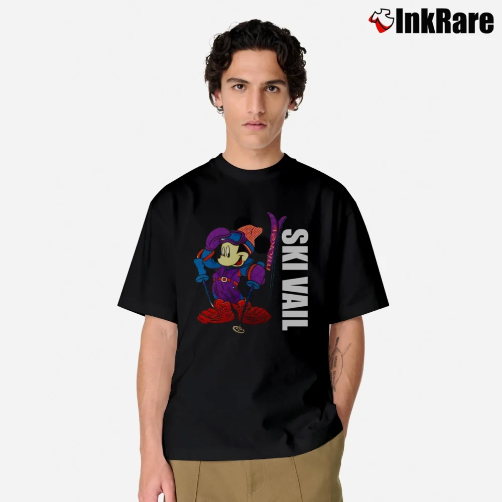 Men’s 1990s Mickey Mouse Skiing Vail Cartoon Classic T-Shirt in black | Soft, Breathable Everyday Wear