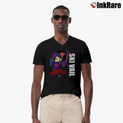 Men’s 1990s Mickey Mouse Skiing Vail Cartoon V-Neck Tee in black | Sharp, Breathable, Everyday Staple