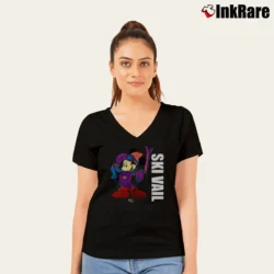 Women’s 1990s Mickey Mouse Skiing Vail Cartoon V-Neck Tee in black | Chic Neckline, Soft Texture