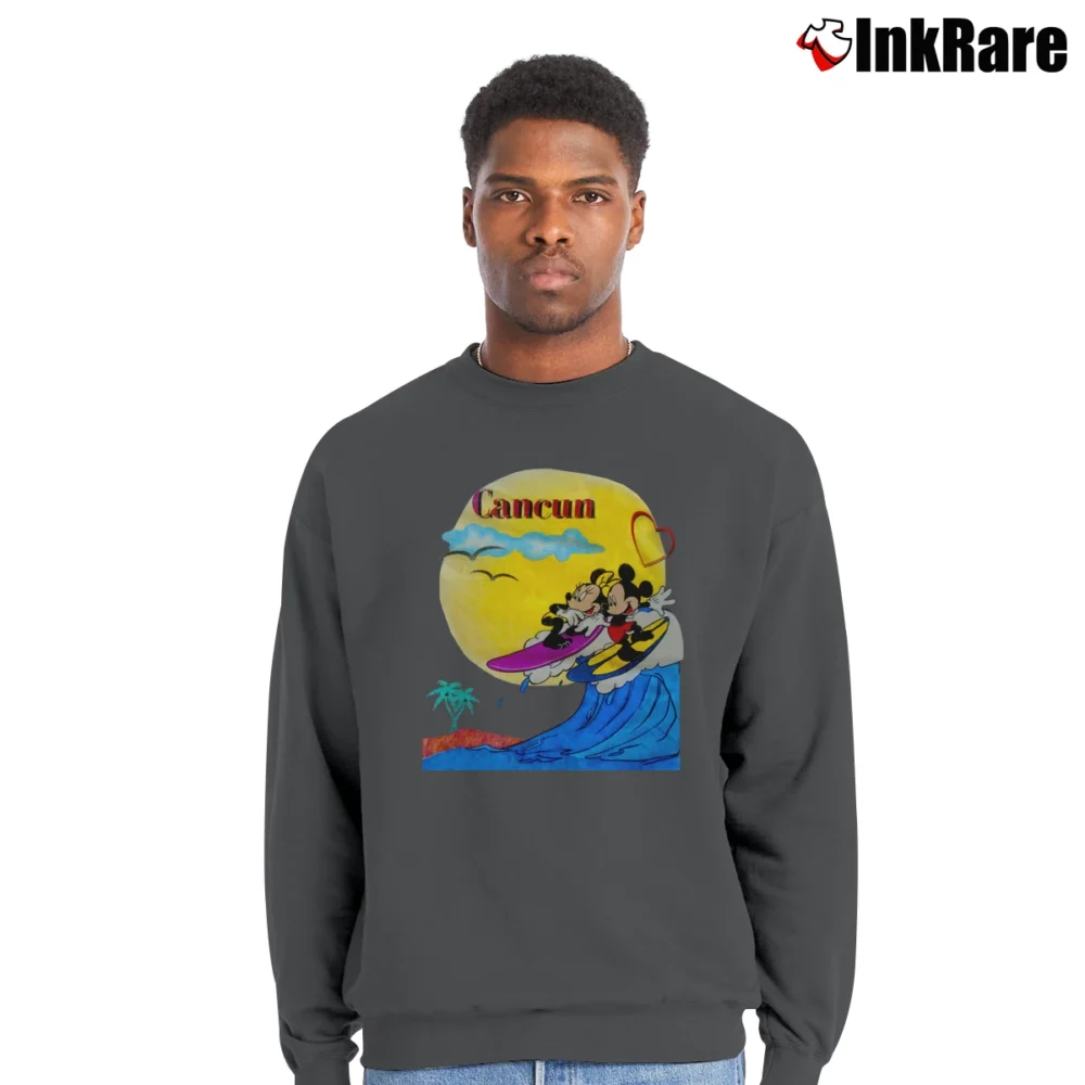 Men’s 1990s Mickey Mouse Surfboard Skateboard Disney Crewneck Sweatshirt in charcoal | Cozy Fabric, Clean Style