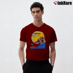 Men’s 1990s Mickey Mouse Surfboard Skateboard Disney V-Neck Tee in maroon | Sharp, Breathable, Everyday Staple