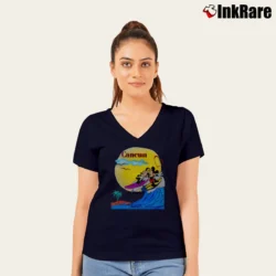 Women’s 1990s Mickey Mouse Surfboard Skateboard Disney V-Neck Tee in navy | Chic Neckline, Soft Texture