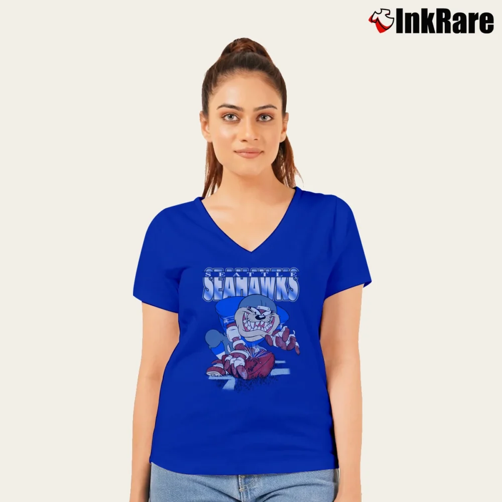 Women’s 1990s Seattle Seahawks Taz Looney Tunes NFL V-Neck Tee in royal blue | Chic Neckline, Soft Texture