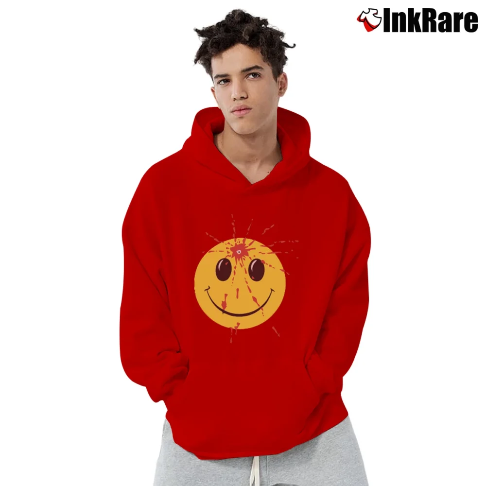 Men’s 1990s Smiley Face Headshot Graphic Pullover Hoodie in red | Cozy, Durable, Modern Fit