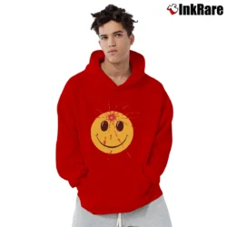 Men’s 1990s Smiley Face Headshot Graphic Pullover Hoodie in red | Cozy, Durable, Modern Fit