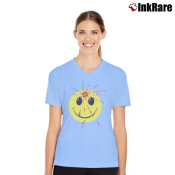 Women’s 1990s Smiley Face Headshot Graphic V-Neck Tee in light blue | Chic Neckline, Soft Texture