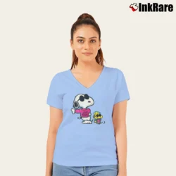 Women’s 1990s Snoopy Joe Cool Woodstock V-Neck Tee in light blue | Chic Neckline, Soft Texture