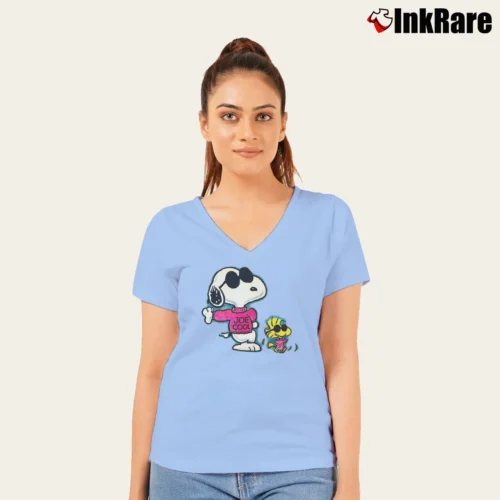 Women’s 1990s Snoopy Joe Cool Woodstock V-Neck Tee in light blue | Chic Neckline, Soft Texture