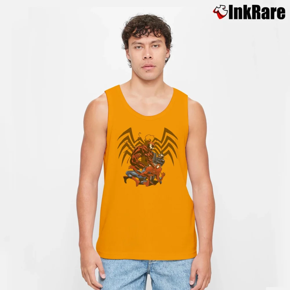 Men’s 1990s Spiderman Carnage Venom Stan Lee Marvel Tank Top in orange | Breathable, Active-Friendly Design