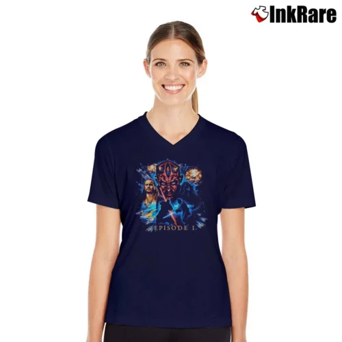 1990s Star Wars Episode 1 Vintage Style Women’s V-Neck Tee in navy – Flattering Fit Women’s 1990s Star Wars Episode 1 Vintage Style V-Neck Tee in navy | Chic Neckline, Soft Texture