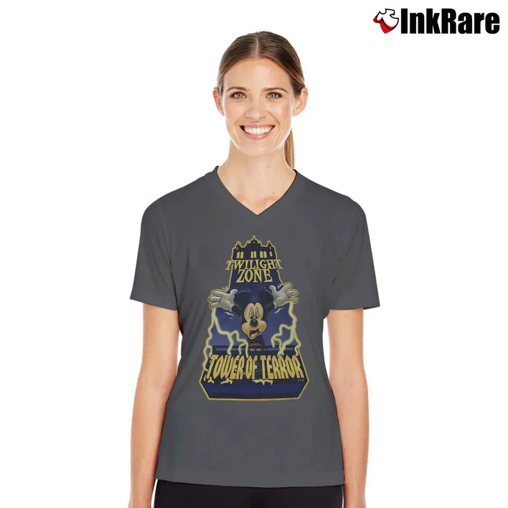 Women’s 1990s Tower Of Terror I Survived Mickey Mouse V-Neck Tee in charcoal | Chic Neckline, Soft Texture