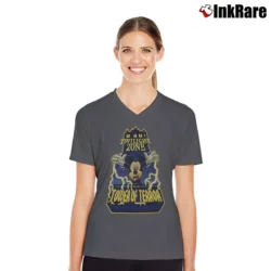 Women’s 1990s Tower Of Terror I Survived Mickey Mouse V-Neck Tee in charcoal | Chic Neckline, Soft Texture