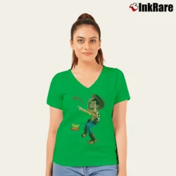 Women’s 1990s Toy Story Woody Pixar Disney Cartoon V-Neck Tee in irish green | Chic Neckline, Soft Texture