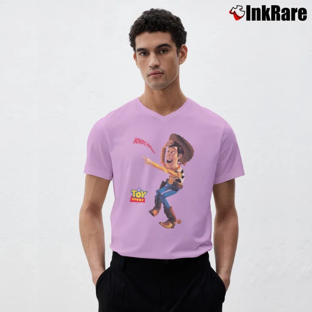 Men’s 1990s Toy Story Woody Pixar Disney Cartoon V-Neck Tee in light pink | Sharp, Breathable, Everyday Staple