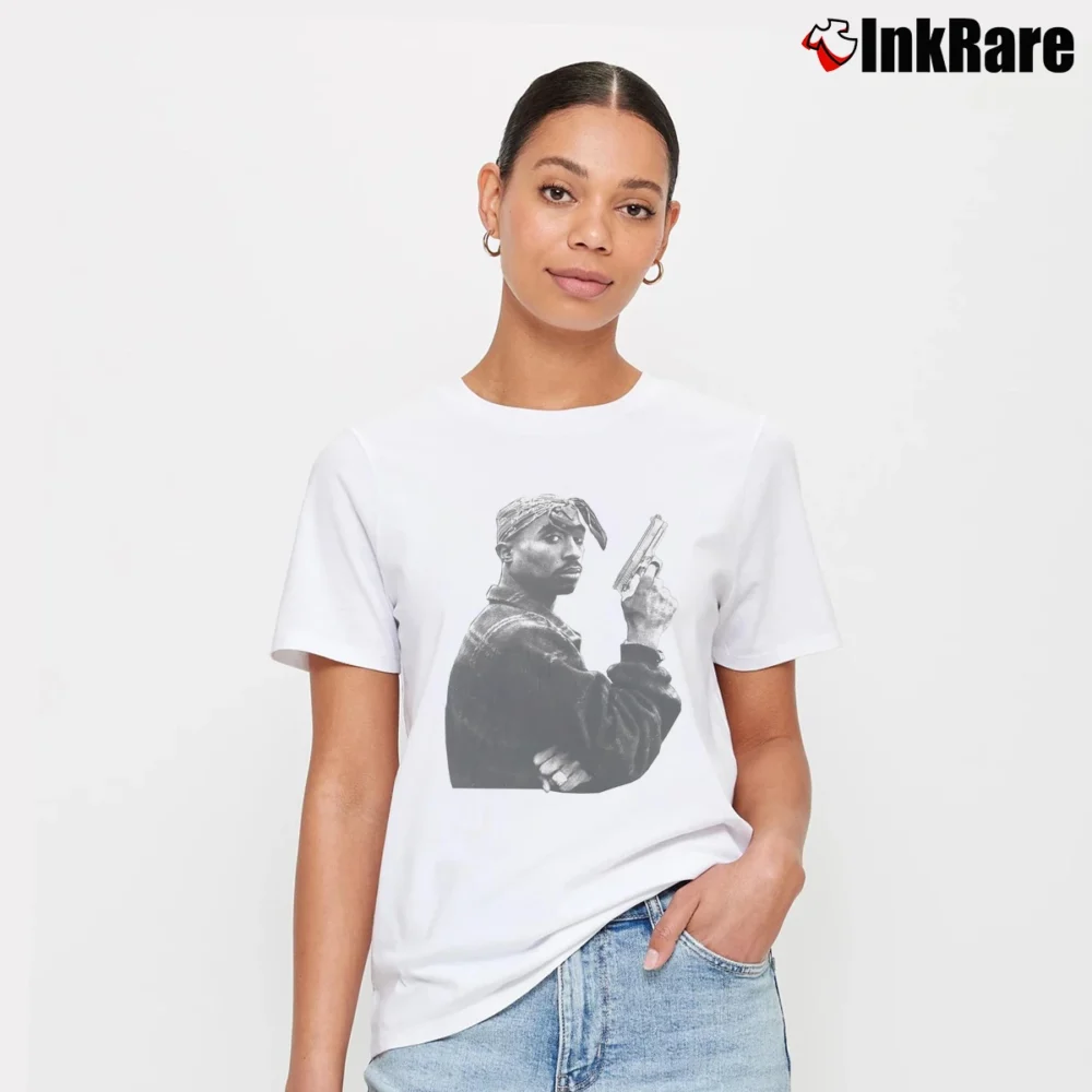 Women’s 1990s Tupac Shakur Gun Signature T-Shirt in white | Soft, Flattering Fit