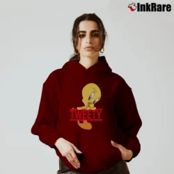 Women’s 1990s Tweety Bird Striped Looney Tunes Cartoon Cozy Hoodie in maroon | Warm, Structured, Stylish