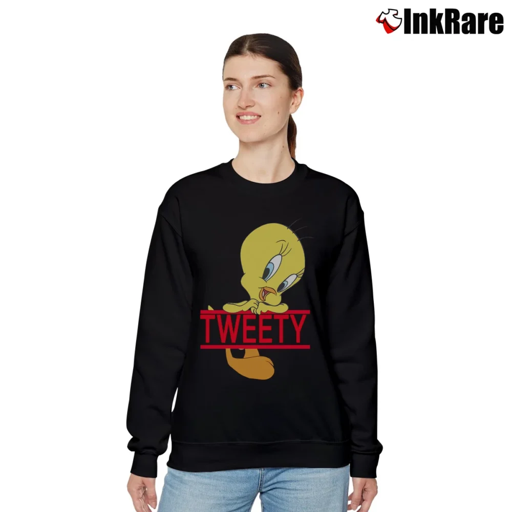 Women’s 1990s Tweety Bird Striped Looney Tunes Cartoon Relaxed Sweatshirt in black | Soft, Laid-Back Vibe