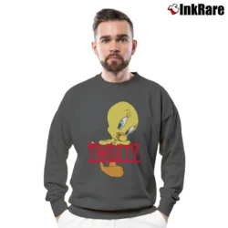 Men’s 1990s Tweety Bird Striped Looney Tunes Cartoon Crewneck Sweatshirt in charcoal | Cozy Fabric, Clean Style