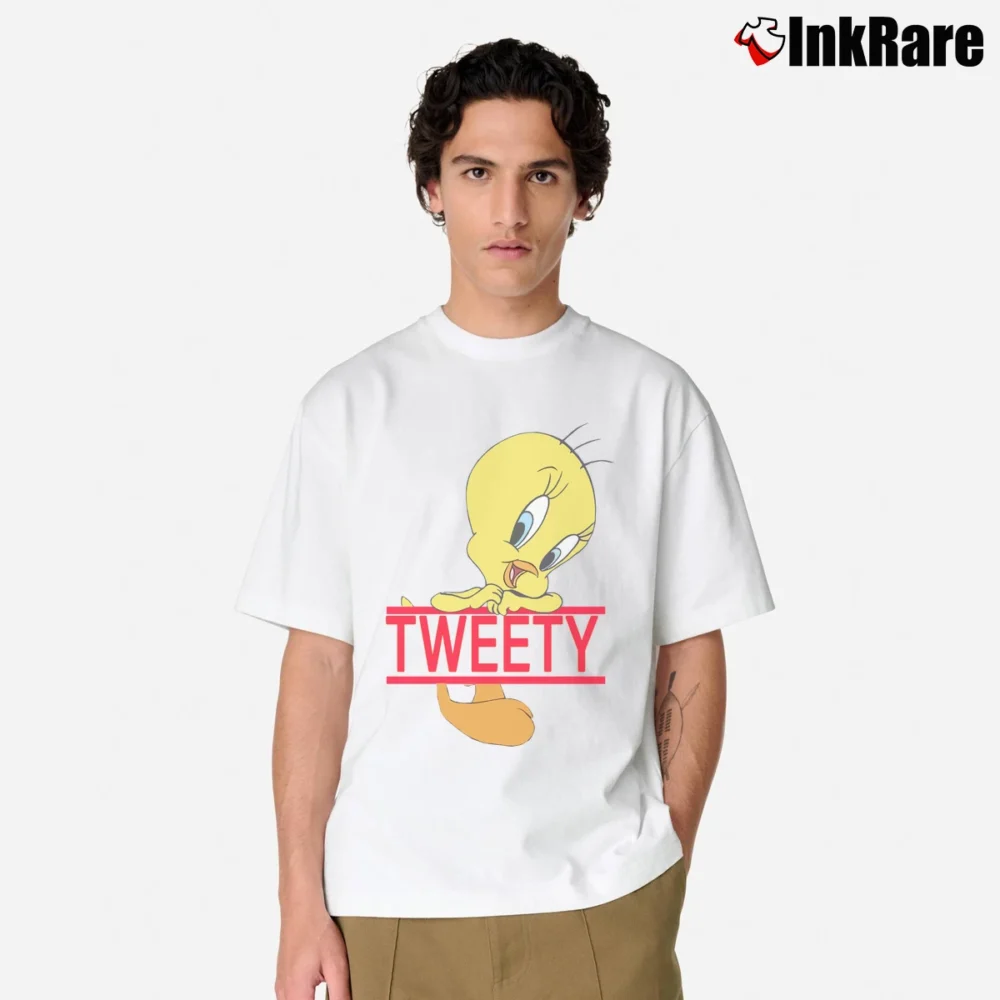 Men’s 1990s Tweety Bird Striped Looney Tunes Cartoon Classic T-Shirt in white | Soft, Breathable Everyday Wear