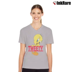 Women’s 1990s Tweety Bird Striped Looney Tunes Cartoon V-Neck Tee in sport grey | Chic Neckline, Soft Texture