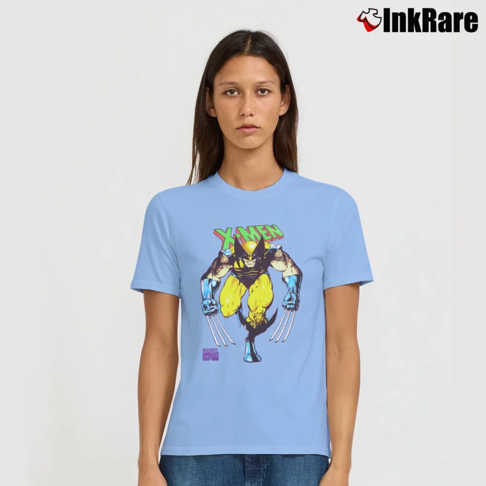 Women’s 1990s Wolverine Marvel Comics Spell Out Signature T-Shirt in light blue | Soft, Flattering Fit