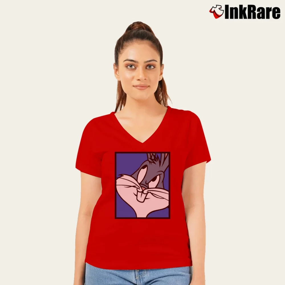 Women’s 1991 Bugs Bunny Looney Tunes V-Neck Tee in red | Chic Neckline, Soft Texture