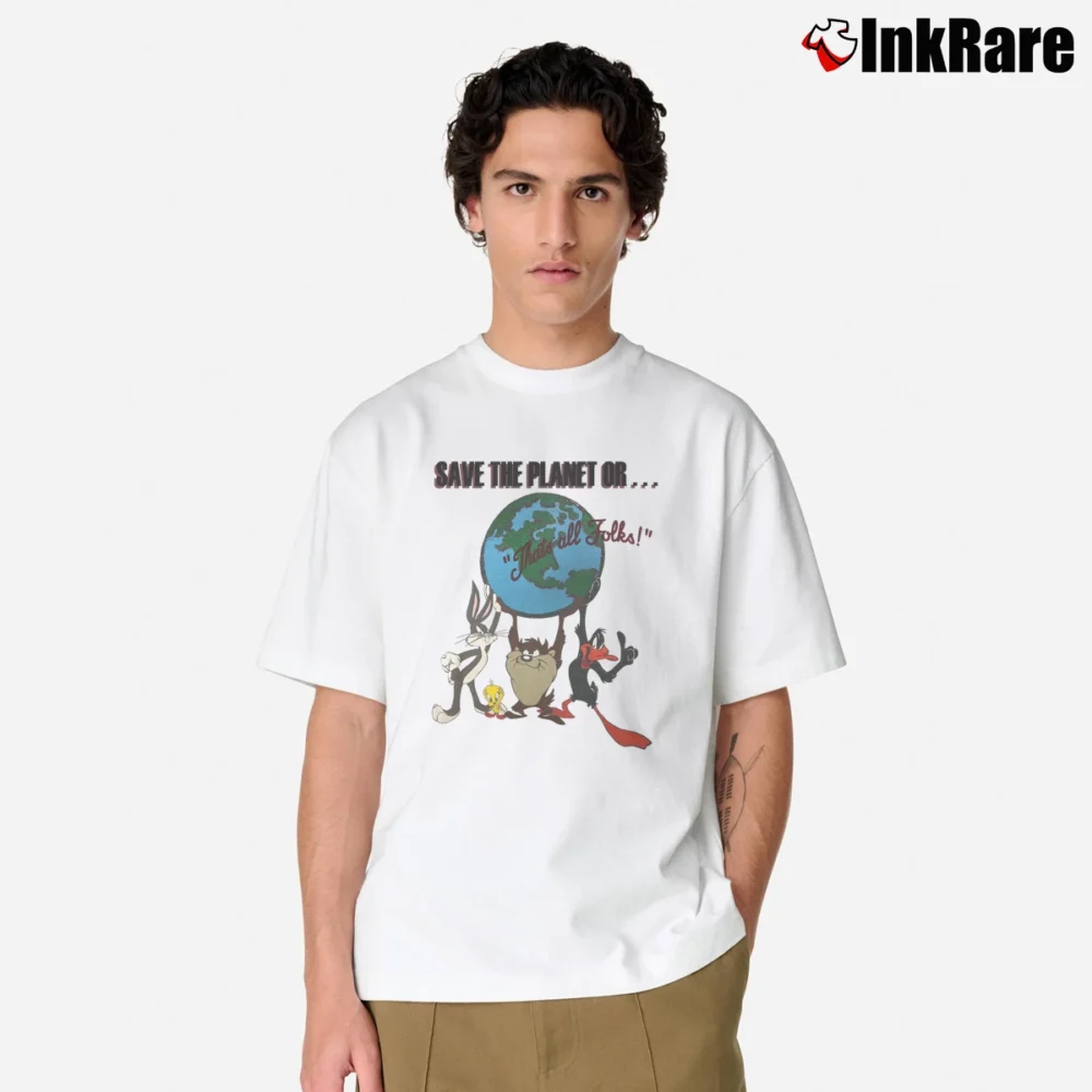 Men’s 1991 Save The Planet Or That's All Folks Looney Tunes Classic T-Shirt in white | Soft, Breathable Everyday Wear
