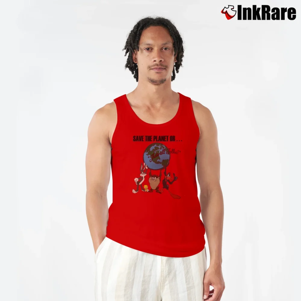 Men’s 1991 Save The Planet Or That's All Folks Looney Tunes Tank Top in red | Breathable, Active-Friendly Design