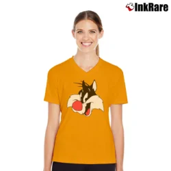 Women’s 1991 Sylvester Looney Tunes Cartoon V-Neck Tee in orange | Chic Neckline, Soft Texture